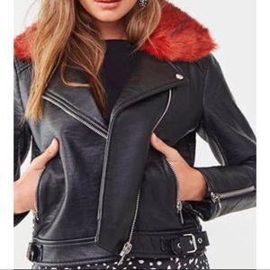 Faux Leather Jacket With Faux Fur Collar